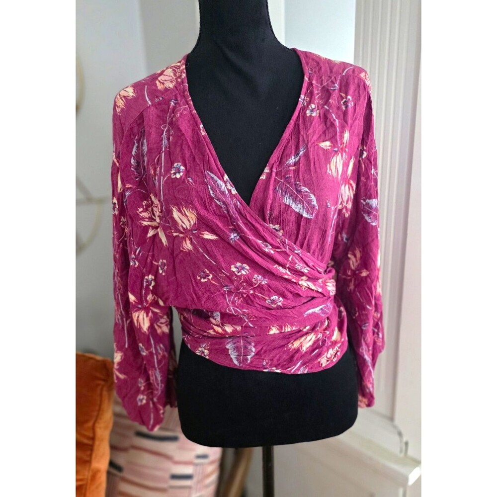 Billabong Women’s Purple Floral V-Neck Long Sleeve Wrap Tie Blouse Top M